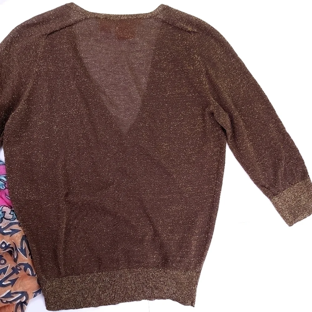 Tory Burch Brown Gold Shimmer Thin Sweater Sz S - Picture 11 of 13